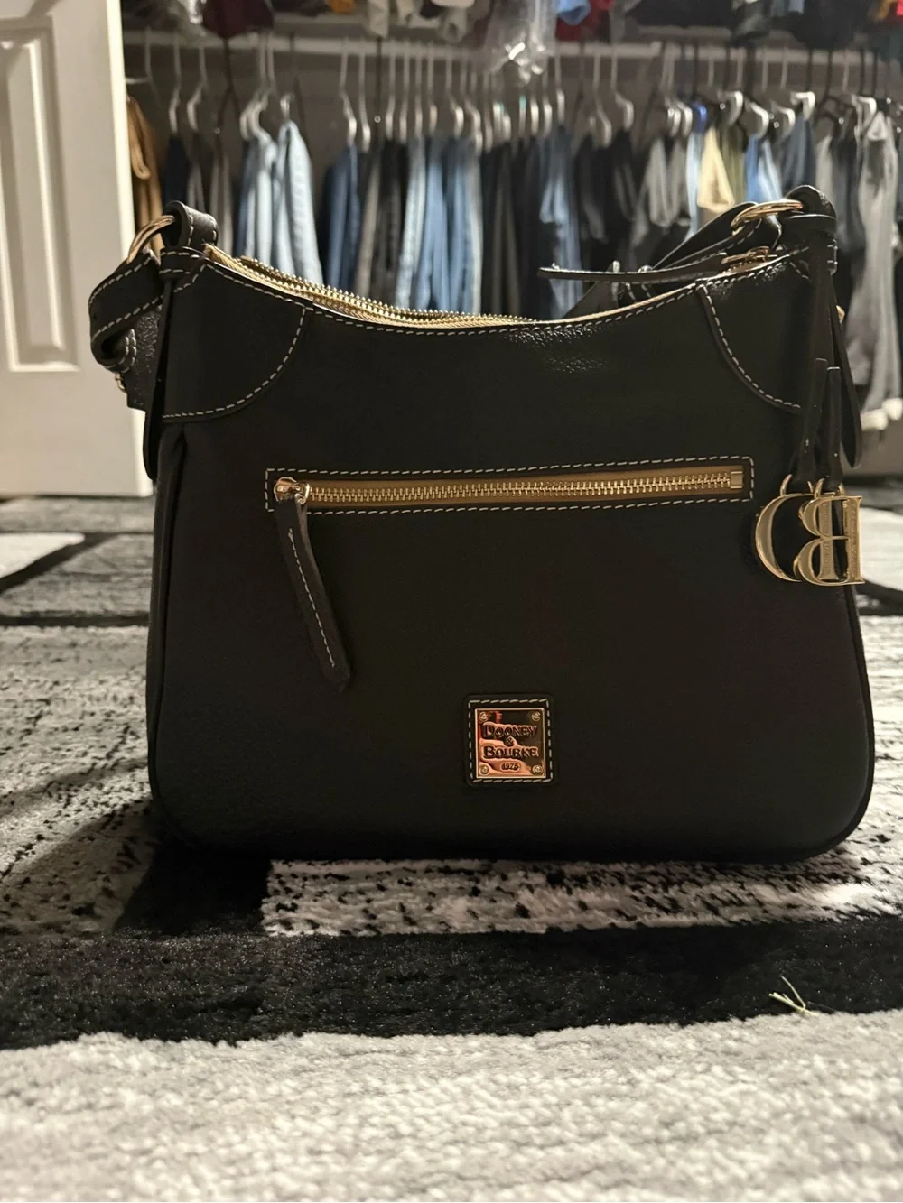 Dooney & Bourke Black Leather Sorrento Hobo with Gold Hardware
